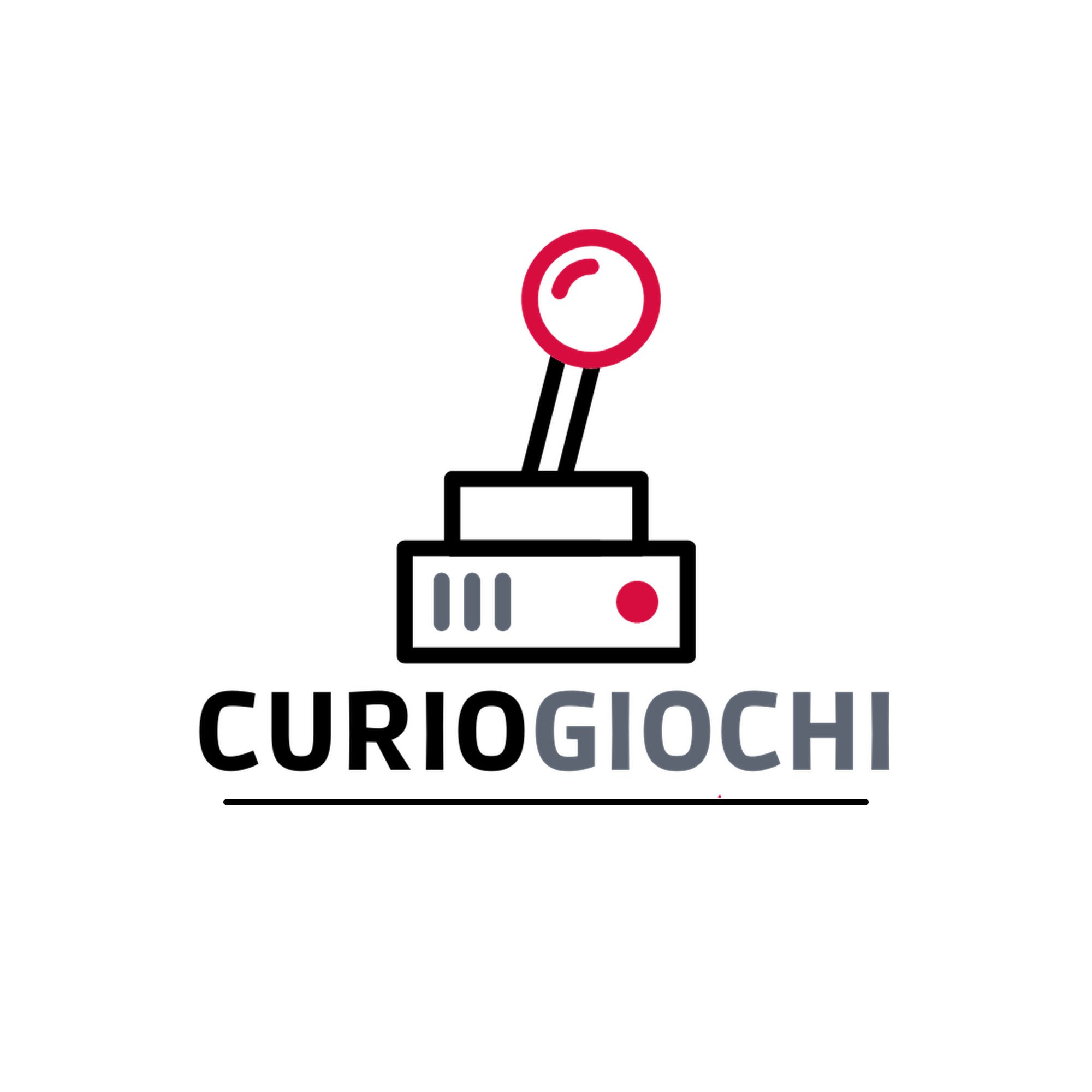 Logo di Curiogiochi con joystick retrò e scritta nera su sfondo bianco